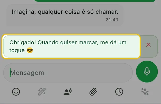 Sugestão de mensagem acima do campo de texto, com o X para descartar