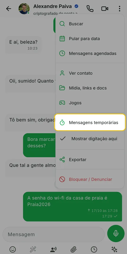Menu da conversa aberto com a opção Mensagens temporárias em destaque