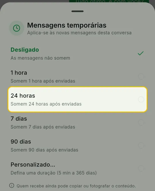 Painel Mensagens temporárias com as opções Desligado, 1 hora, 24 horas, 7 dias, 90 dias e Personalizado