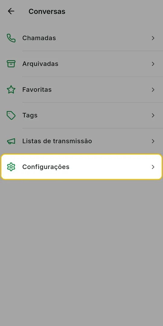 Tela Conversas com a opção Configurações em destaque