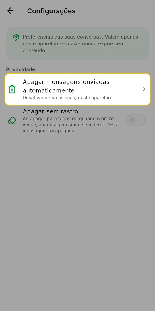 Tela Configurações com a opção Apagar mensagens enviadas automaticamente em destaque