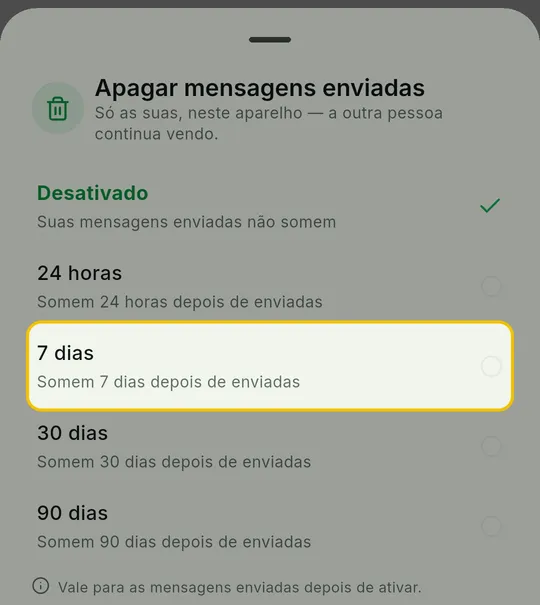 Painel Apagar mensagens enviadas com as opções Desativado, 24 horas, 7 dias, 30 dias e 90 dias