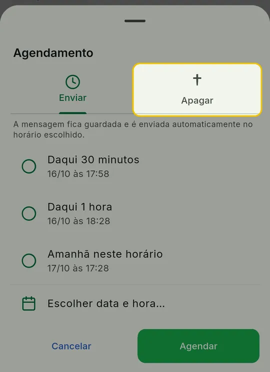 Painel Agendamento com as abas Enviar e Apagar, a aba Apagar em destaque