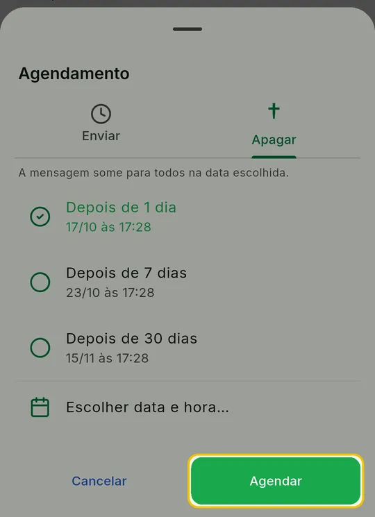 Painel Agendamento com Depois de 1 dia marcado e o botão Agendar em destaque
