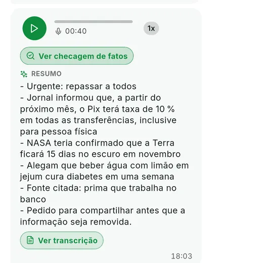 Bolha de áudio com o resumo em poucas linhas logo abaixo do player