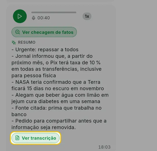Bolha de áudio com o resumo e a transcrição completa aberta abaixo