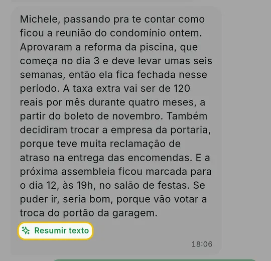 Mensagem de texto longa com o link Resumir texto abaixo