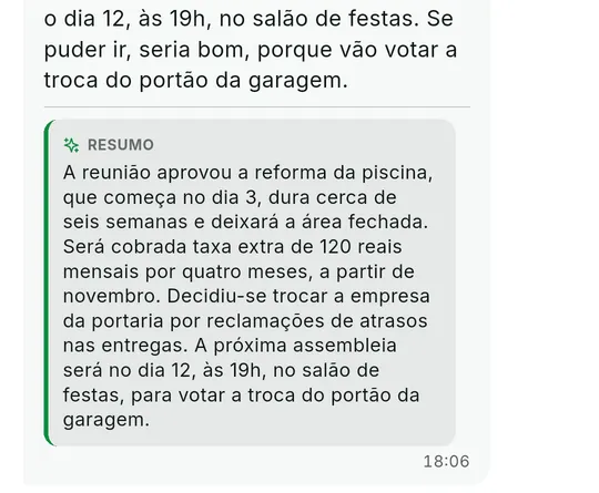 Mensagem de texto longa com o resumo destacado logo abaixo