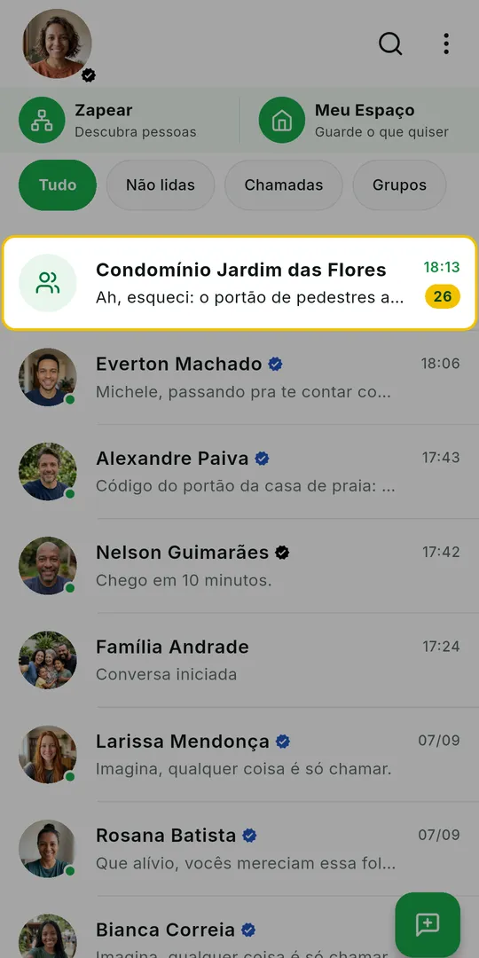 Lista de conversas do ZAP com um grupo cheio de mensagens não lidas em destaque