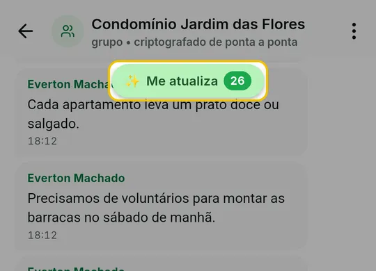 Topo da conversa do grupo com o botão Me atualiza e a contagem de mensagens não lidas