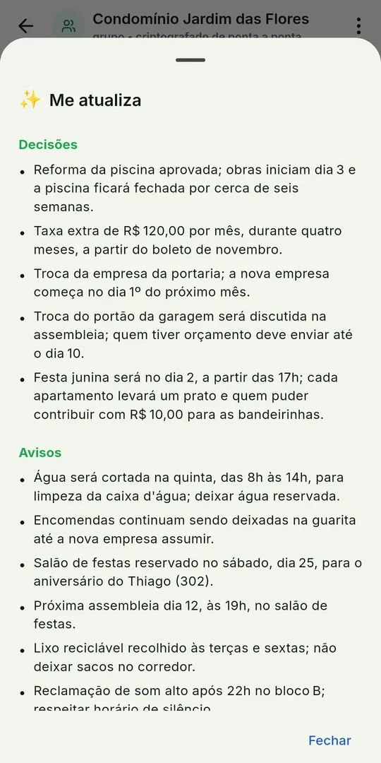 Janela Me atualiza com o resumo do grupo em tópicos: Decisões, Avisos, Perguntas para você e Eventos/combinados