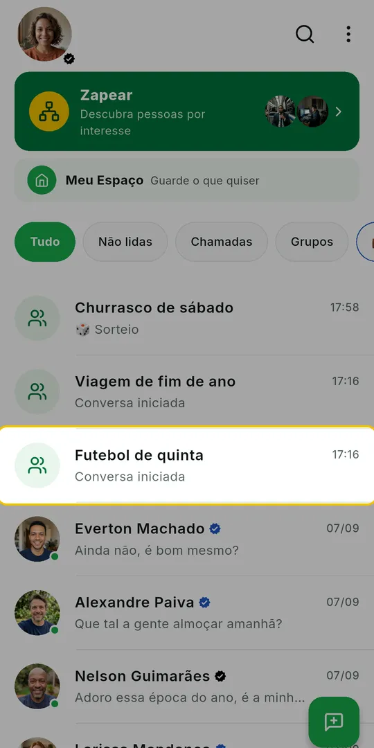 Lista de conversas do ZAP com um grupo em destaque