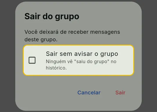Janela Sair do grupo com a caixinha Sair sem avisar o grupo em destaque