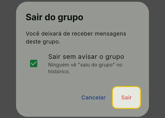 Janela Sair do grupo com a caixinha marcada e o botão Sair em destaque