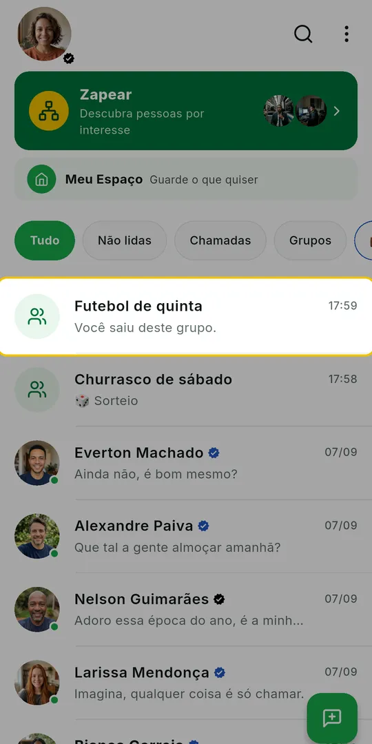 Tela inicial do ZAP com o grupo na lista e a prévia Você saiu deste grupo