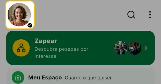 Alto da tela inicial do ZAP com a foto da pessoa e o selo do plano no canto