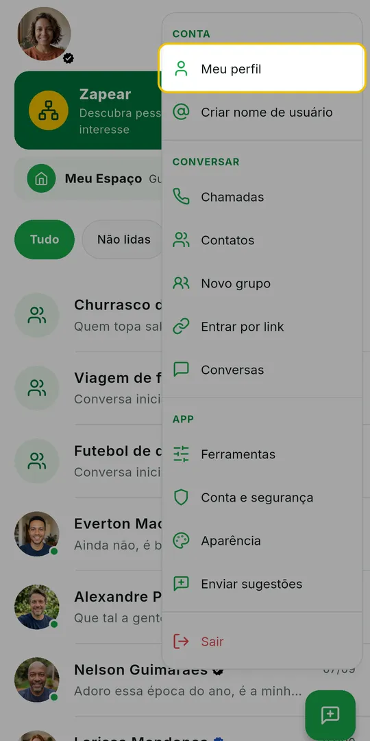 Menu da tela inicial aberto com a opção Meu perfil em destaque