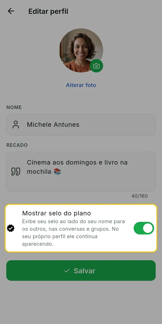 Tela Editar perfil com a chave Mostrar selo do plano em destaque