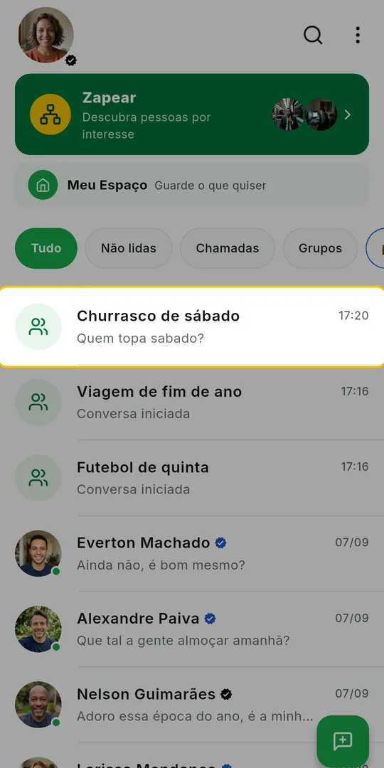 Lista de conversas do ZAP com um grupo em destaque