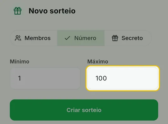 Campos Mínimo e Máximo preenchidos na janela Novo sorteio