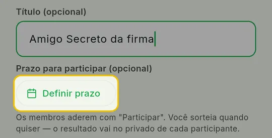 Campos Título e Prazo para participar na janela Novo sorteio