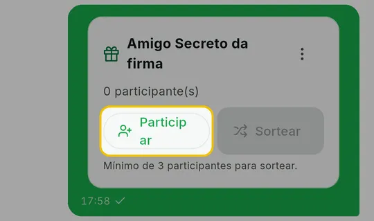 Cartão do amigo secreto no grupo com o número de participantes e o botão Participar