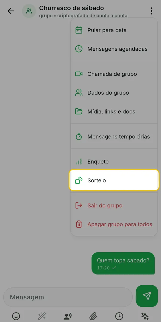 Menu do grupo aberto com a opção Sorteio em destaque