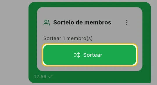 Cartão Sorteio de membros no grupo com o botão Sortear em destaque