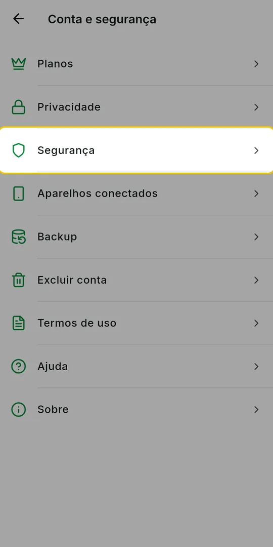 Tela Conta e segurança com a opção Segurança em destaque