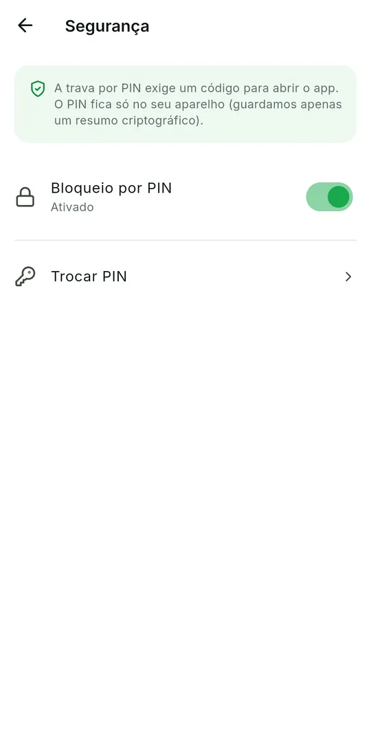Tela Segurança com Bloqueio por PIN ativado e a opção Trocar PIN