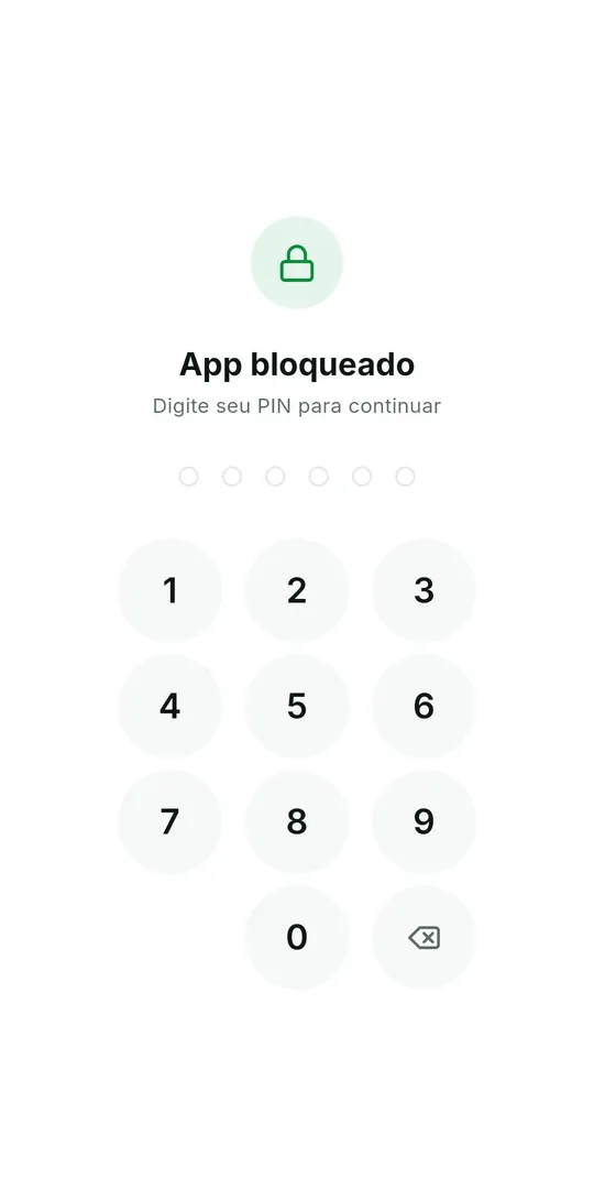 Tela App bloqueado com o cadeado, o texto Digite seu PIN para continuar e o teclado numérico