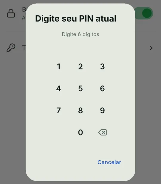 Janela Digite seu PIN atual com o teclado numérico