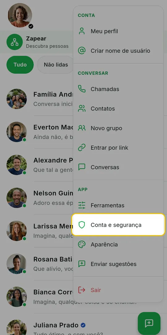 Menu da tela inicial com a opção Conta e segurança