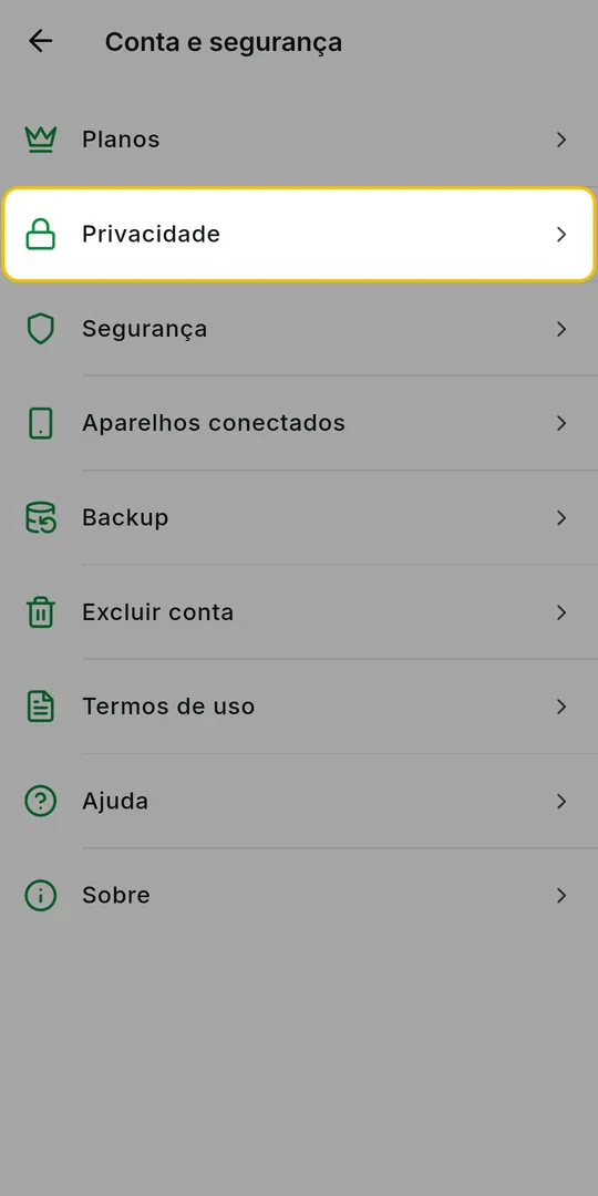 Tela Conta e segurança com a opção Privacidade
